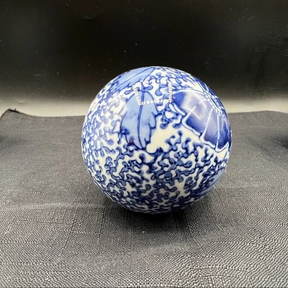 Floral Clay Ceramic Spheres (4). White Blue sizes 3”-4” diameter
